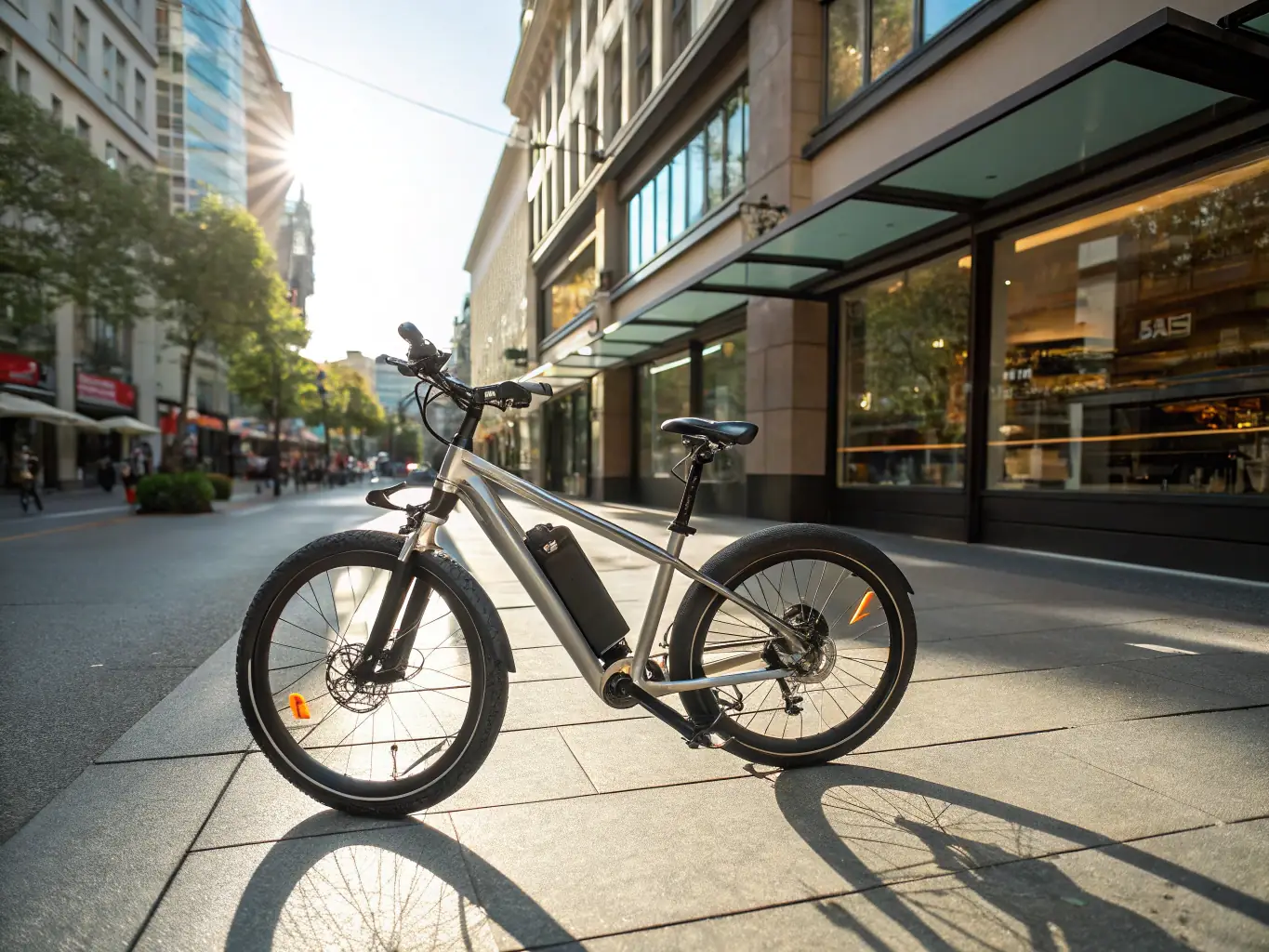 An electric bike parked in front of a store, demonstrating the ease of parking and navigating urban environments.