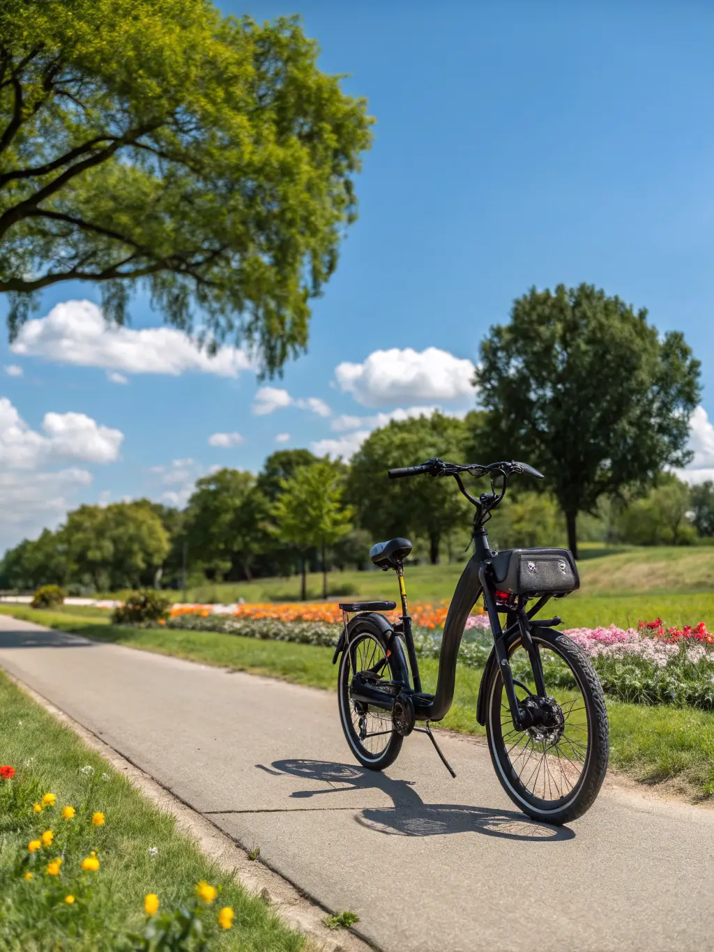 A sleek, modern electric bike with a lightweight frame and integrated battery, parked against a backdrop of the Bangkok skyline, showcasing urban mobility.